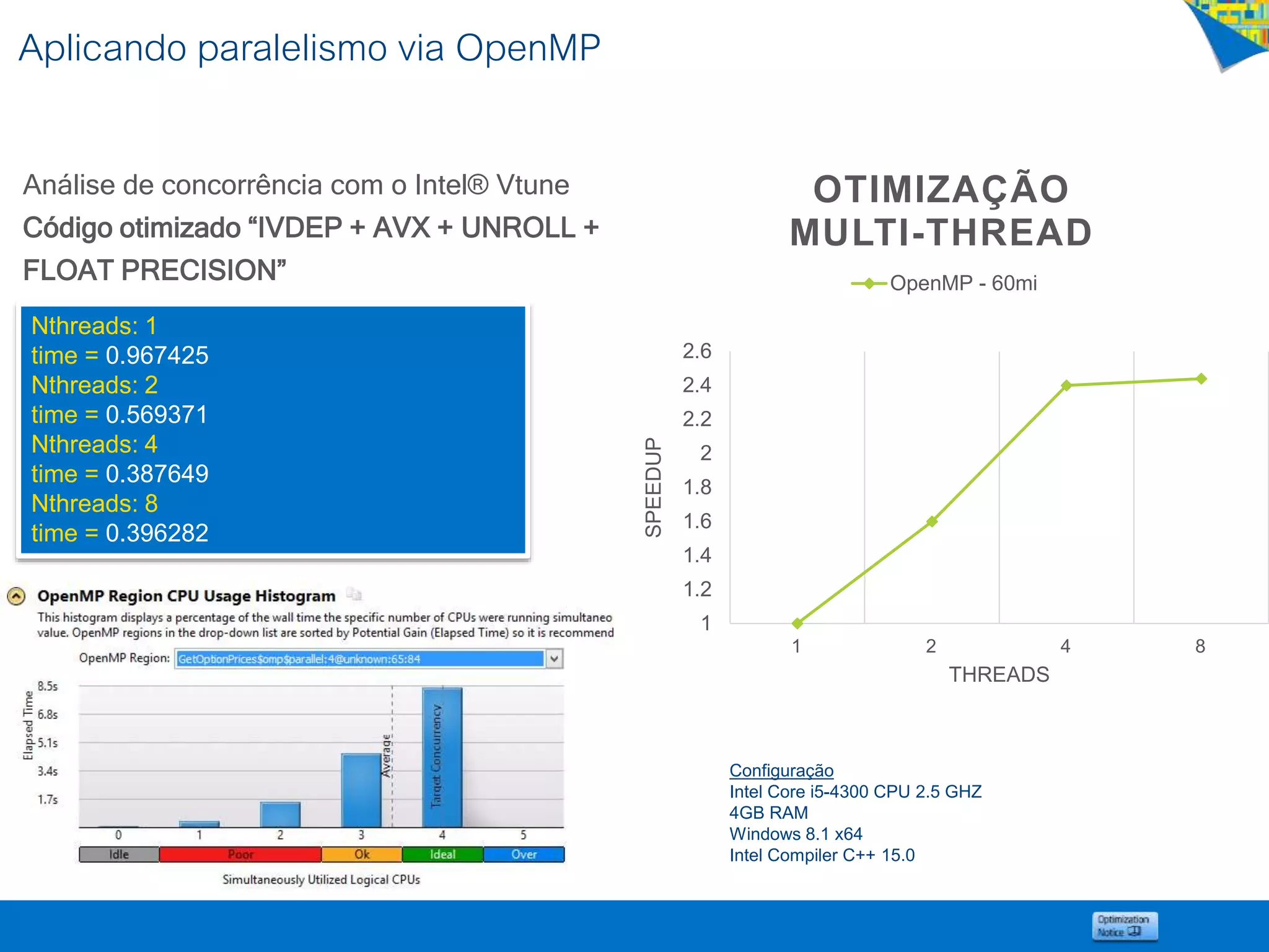 Aplicando paralelismo via OpenMP
Análise de concorrência com o Intel® Vtune
Código otimizado “IVDEP + AVX + UNROLL +
FLOAT PRECISION”
Nthreads: 1
time = 0.967425
Nthreads: 2
time = 0.569371
Nthreads: 4
time = 0.387649
Nthreads: 8
time = 0.396282
1
1.2
1.4
1.6
1.8
2
2.2
2.4
2.6
1 2 4 8SPEEDUP
THREADS
OTIMIZAÇÃO
MULTI-THREAD
OpenMP - 60mi
Configuração
Intel Core i5-4300 CPU 2.5 GHZ
4GB RAM
Windows 8.1 x64
Intel Compiler C++ 15.0
 