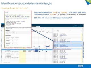 Identificando oportunidades de otimização
Vetorização dentro do “core”
16
Instruções escalares como “movsd” ou “cvtsd2ss” (“s” de scalar) estão sendo
utilizadas ao invés de “vmovapd” ; “v” de AVX , “p” de packed , “d” de double
SSE utiliza 128 bits ; e não 256 bits igual instruções AVX
 
