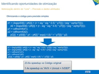 Otimizando o código para precisão simples
d1 = (logf(pS0[i] / pK[i]) + (r + sig * sig * 0.5f) * pT[i]) / (sig * sqrtf(pT[i]));
d2 = (logf(pS0[i] / pK[i]) + (r - sig * sig * 0.5f) * pT[i]) / (sig * sqrtf(pT[i]));
p1 = cdfnormf (d1);
p2 = cdfnormf (d2);
pC[i] = pS0[i] * p1 - pK[i] * expf((-1.0f) * r * pT[i]) * p2;
d1 = (log(pS0[i] / pK[i]) + (r + sig * sig * 0.5) * pT[i]) / (sig * sqrt(pT[i]));
d2 = (log(pS0[i] / pK[i]) + (r - sig * sig * 0.5) * pT[i]) / (sig * sqrt(pT[i]));
p1 = cdfnormf(d1);
p2 = cdfnormf(d2);
pC[i] = pS0[i] * p1 - pK[i] * exp((-1.0) * r * pT[i]) * p2;
23.6x speedup vs Código original
1.4x speedup vs “AVX + Unrool + IVDEP”
Identificando oportunidades de otimização
Vetorização dentro do “core” – Precisão e dados alinhados
 