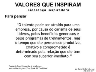 VALORES QUE INSPIRAM
              Liderança Inspiradora

Para pensar




                                      por Daniel de Carvalho Luz
                                                  (15) 9126 5571
 