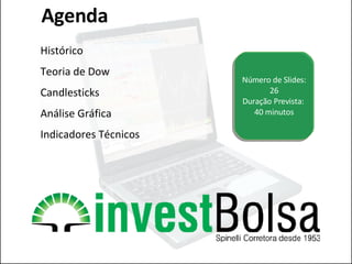 Número de Slides: 26 Duração Prevista:  40 minutos Agenda Histórico Teoria de Dow Candlesticks Análise Gráfica Indicadores Técnicos 