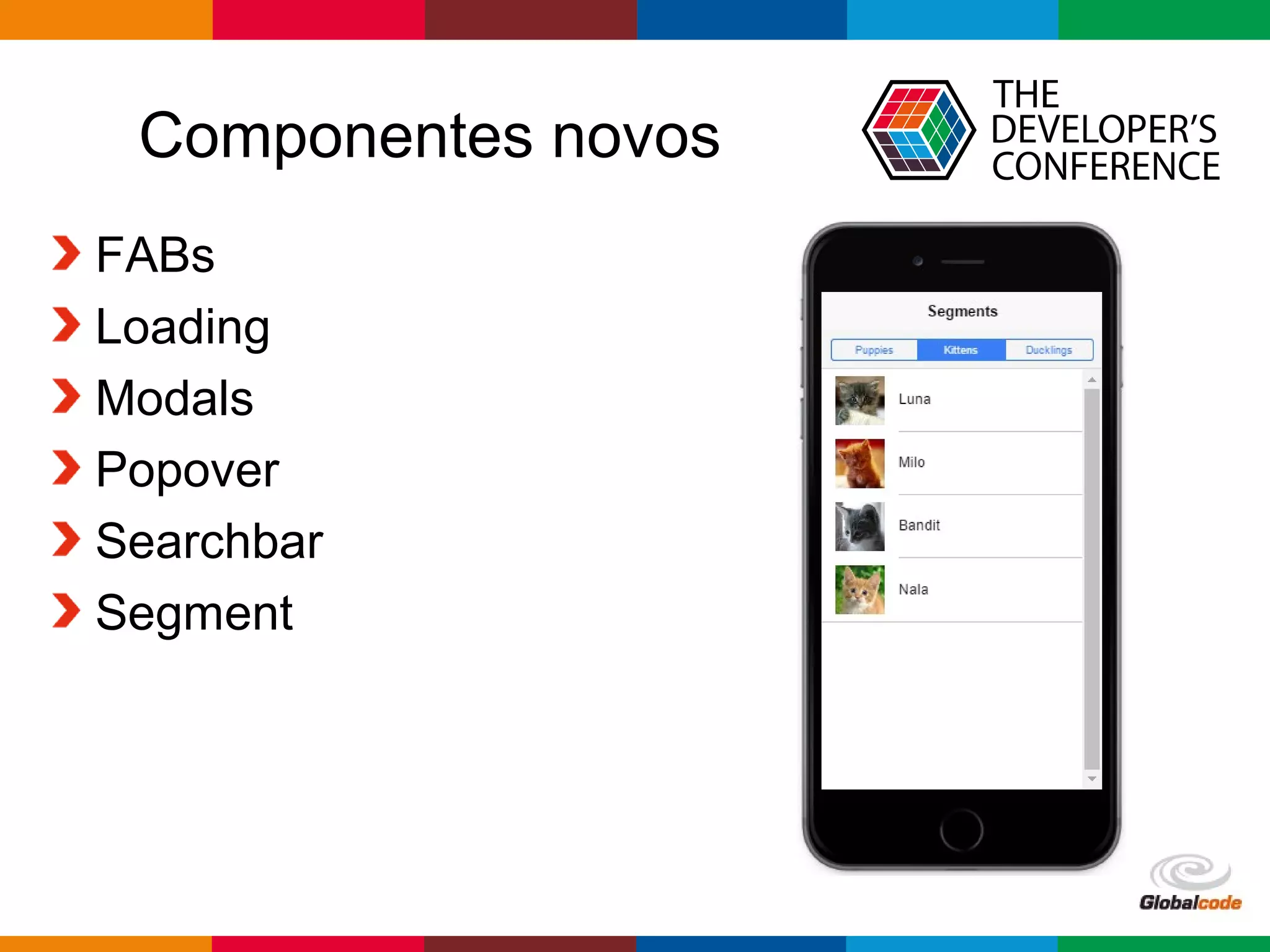 Globalcode – Open4education
Componentes novos
FABs
Loading
Modals
Popover
Searchbar
Segment
 