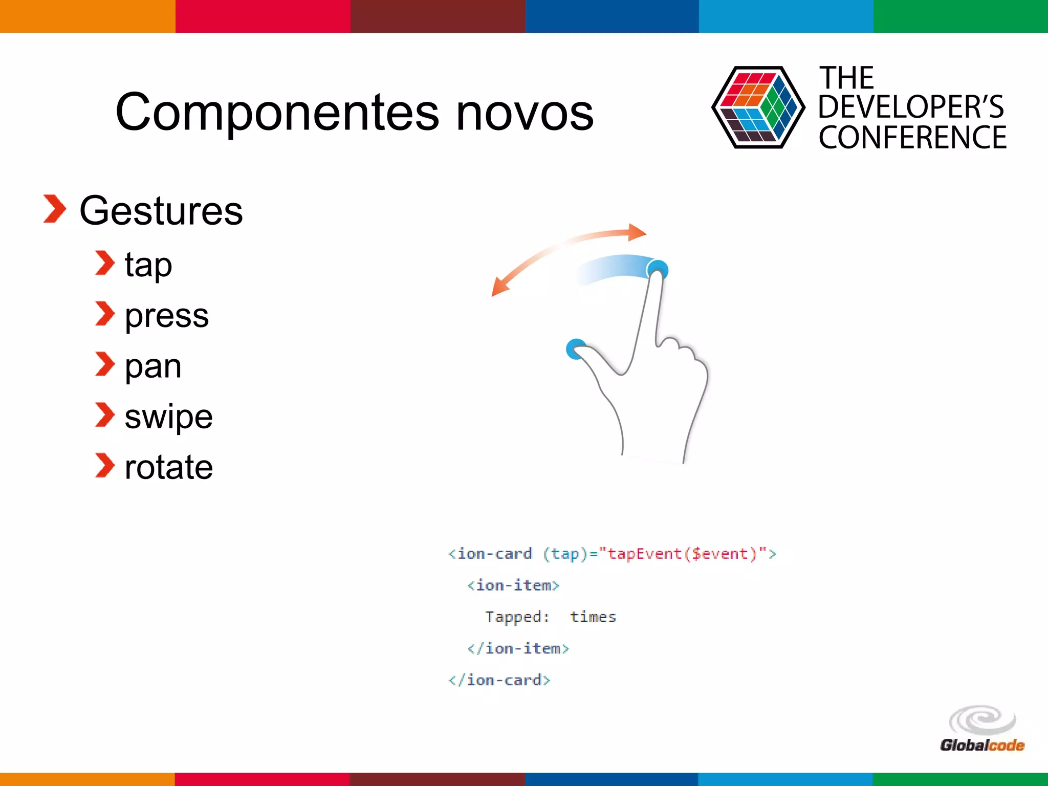 Globalcode – Open4education
Componentes novos
Gestures
tap
press
pan
swipe
rotate
 