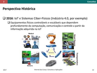 Perspectiva Histórica
 2016: IoT e Sistemas Ciber-Físicos (Indústria 4.0, por exemplo)
 Equipamentos físicos controláveis e escaláveis que dependem
profundamente da computação, comunicação e controle a partir da
informação adquirida na IoT
2017 Internet das Coisas: Conceitos e Aplicações 33
Conceitos2
 