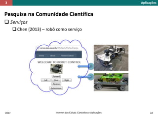 Pesquisa na Comunidade Científica
 Serviços
Chen (2013) – robô como serviço
Aplicações3
2017 Internet das Coisas: Conceitos e Aplicações 42
 