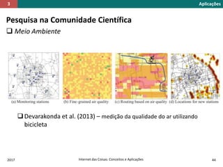 Pesquisa na Comunidade Científica
 Meio Ambiente
Devarakonda et al. (2013) – medição da qualidade do ar utilizando
bicicleta
Aplicações3
2017 Internet das Coisas: Conceitos e Aplicações 44
 