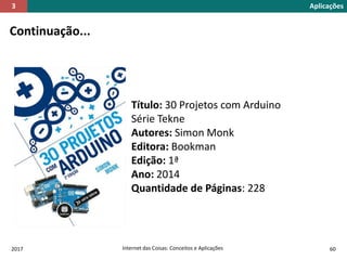 2017 Internet das Coisas: Conceitos e Aplicações 60
Continuação...
Título: 30 Projetos com Arduino
Série Tekne
Autores: Simon Monk
Editora: Bookman
Edição: 1ª
Ano: 2014
Quantidade de Páginas: 228
Aplicações3
 