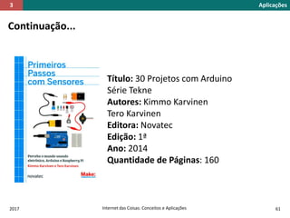 2017 Internet das Coisas: Conceitos e Aplicações 61
Continuação...
Título: 30 Projetos com Arduino
Série Tekne
Autores: Kimmo Karvinen
Tero Karvinen
Editora: Novatec
Edição: 1ª
Ano: 2014
Quantidade de Páginas: 160
Aplicações3
 