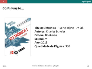 2017 Internet das Coisas: Conceitos e Aplicações 65
Continuação...
Aplicações3
Título: Eletrônica I - Série Tekne - 7ª Ed.
Autores: Charles Schuler
Editora: Bookman
Edição: 7ª
Ano: 2013
Quantidade de Páginas: 330
 