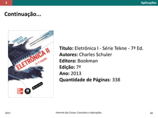 2017 Internet das Coisas: Conceitos e Aplicações 66
Continuação...
Aplicações3
Título: Eletrônica I - Série Tekne - 7ª Ed.
Autores: Charles Schuler
Editora: Bookman
Edição: 7ª
Ano: 2013
Quantidade de Páginas: 338
 