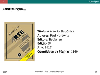 2017 Internet das Coisas: Conceitos e Aplicações 67
Continuação...
Aplicações3
Título: A Arte da Eletrônica
Autores: Paul Horowitz
Editora: Bookman
Edição: 3ª
Ano: 2017
Quantidade de Páginas: 1160
 