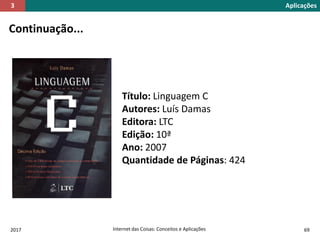 2017 Internet das Coisas: Conceitos e Aplicações 69
Continuação...
Título: Linguagem C
Autores: Luís Damas
Editora: LTC
Edição: 10ª
Ano: 2007
Quantidade de Páginas: 424
Aplicações3
 
