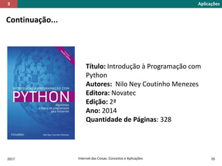 2017 Internet das Coisas: Conceitos e Aplicações 70
Continuação...
Aplicações3
Título: Introdução à Programação com
Python
Autores: Nilo Ney Coutinho Menezes
Editora: Novatec
Edição: 2ª
Ano: 2014
Quantidade de Páginas: 328
 