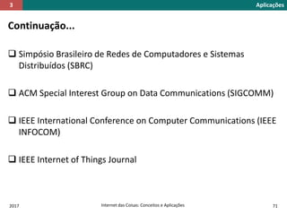Aplicações3
Continuação...
 Simpósio Brasileiro de Redes de Computadores e Sistemas
Distribuídos (SBRC)
 ACM Special Interest Group on Data Communications (SIGCOMM)
 IEEE International Conference on Computer Communications (IEEE
INFOCOM)
 IEEE Internet of Things Journal
2017 Internet das Coisas: Conceitos e Aplicações 71
 