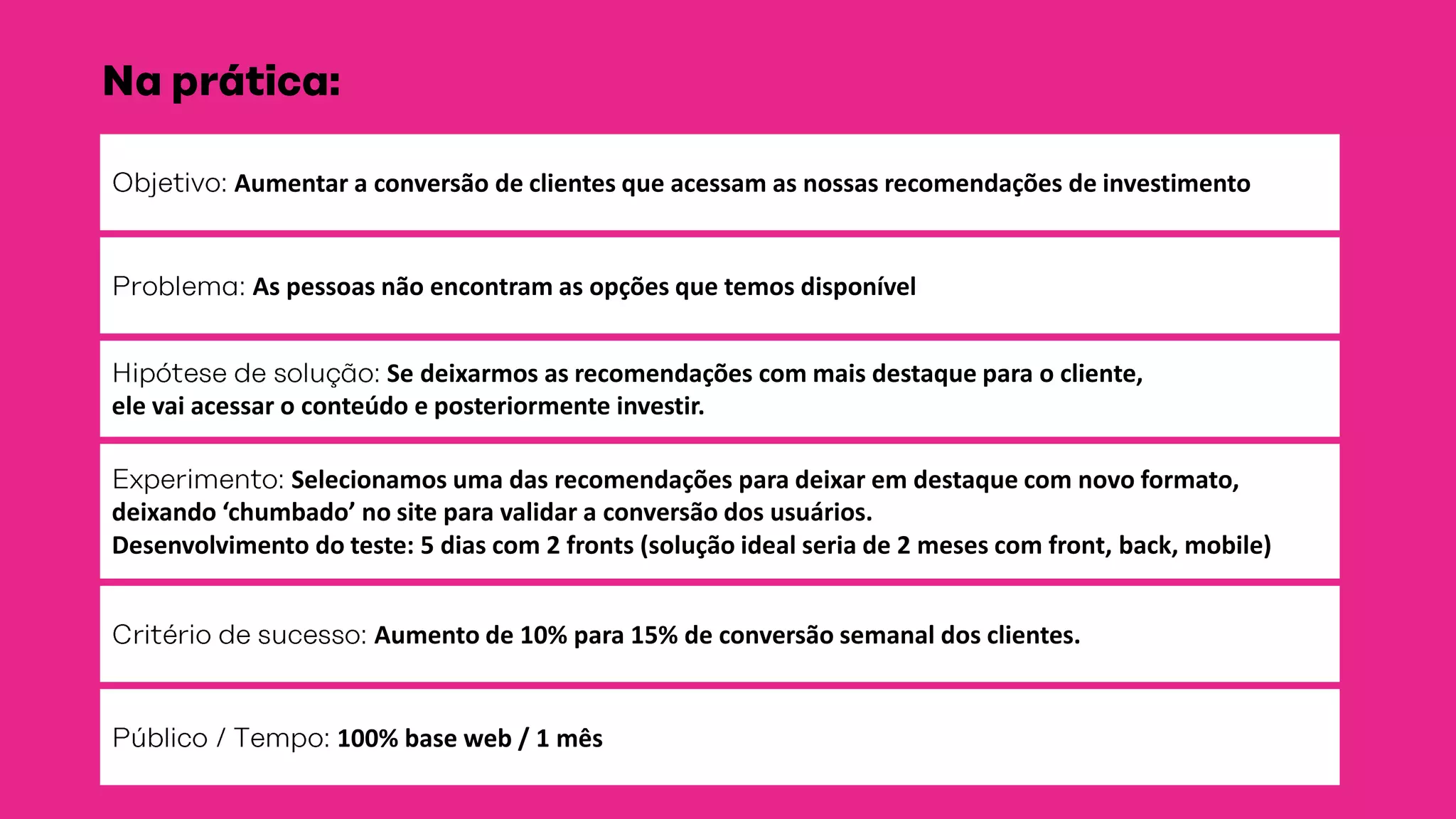 Aumentar a conversão de clientes que acessam as nossas recomendações de investimento
As pessoas não encontram as opções que temos disponível :
Se deixarmos as recomendações com mais destaque para o cliente,
ele vai acessar o conteúdo e posteriormente investir.
Aumento de 10% para 15% de conversão semanal dos clientes.
100% base web / 1 mês
Selecionamos uma das recomendações para deixar em destaque com novo formato,
deixando ‘chumbado’ no site para validar a conversão dos usuários.
Desenvolvimento do teste: 5 dias com 2 fronts (solução ideal seria de 2 meses com front, back, mobile)
