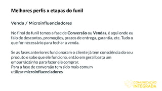 Melhores perfis x etapas do funil
Venda / Microinfluenciadores
No final do funil temos a fase de Conversão ou Vendas, é aqui onde eu
falo de descontos, promoções, prazos de entrega, garantia, etc. Tudo o
que for necessário para fechar a venda.
Se as fases anteriores funcionaram o cliente já tem consciência do seu
produto e sabe que ele funciona, então em geral basta um
empurrãozinho para fazer ele comprar.
Para a fase de conversão tem sido mais comum
utilizar microinfluenciadores
 