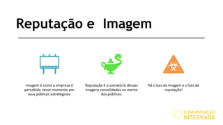 Reputação e Imagem
Imagem é como a empresa é
percebida nesse momento por
seus públicos estratégicos.
Reputação é o somatório dessas
imagens consolidadas na mente
dos públicos.
Há crises de imagem e crises de
reputação!
 
