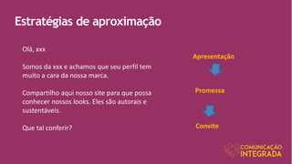 Estratégias de aproximação
Olá, xxx
Somos da xxx e achamos que seu perfil tem
muito a cara da nossa marca.
Compartilho aqui nosso site para que possa
conhecer nossos looks. Eles são autorais e
sustentáveis.
Que tal conferir?
Apresentação
Promessa
Convite
 