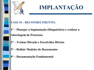 IMPLANTAÇÃO
FASE 01 - RECONHECIMENTO:
1° – Planejar a Implantação (Diagnóstico) e realizar a
Abordagem de Processos
2° – Treinar Direção e Envolvidos Diretos
3° – Definir Modelos de Documentos
4° – Documentação Fundamental
 