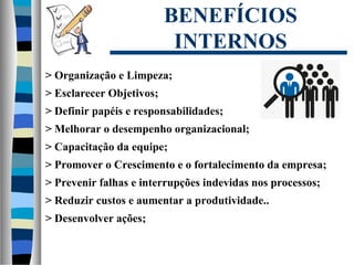 BENEFÍCIOS
INTERNOS
> Organização e Limpeza;
> Esclarecer Objetivos;
> Definir papéis e responsabilidades;
> Melhorar o desempenho organizacional;
> Capacitação da equipe;
> Promover o Crescimento e o fortalecimento da empresa;
> Prevenir falhas e interrupções indevidas nos processos;
> Reduzir custos e aumentar a produtividade..
> Desenvolver ações;
 