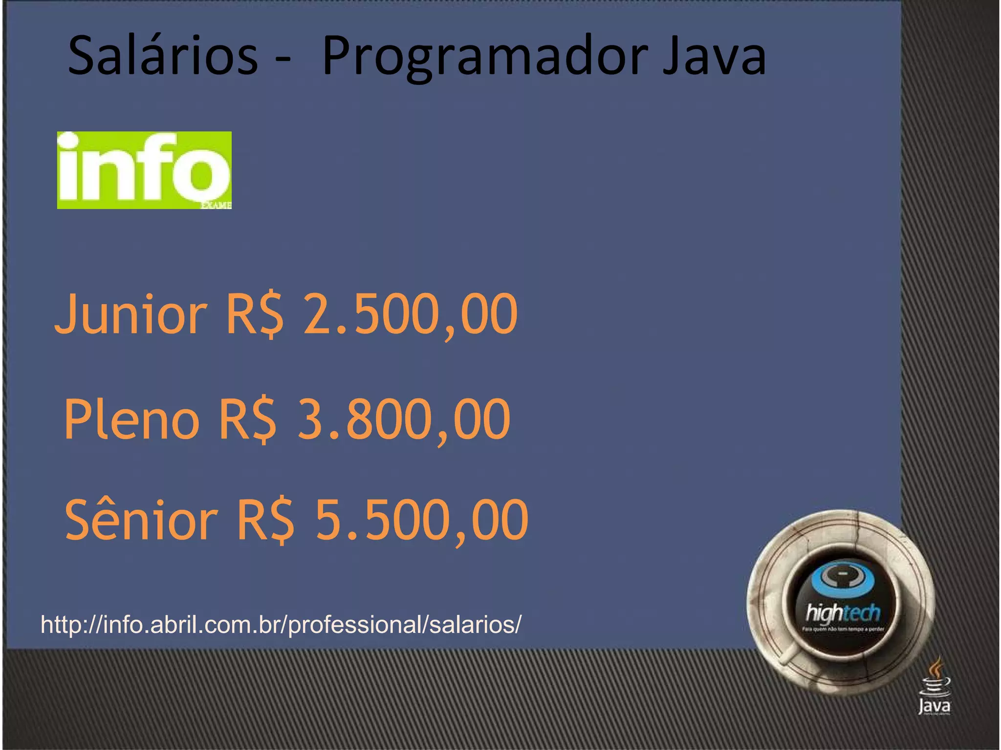 Salários -  Programador Java http://info.abril.com.br/professional/salarios/ Junior R$ 2.500,00 Pleno R$ 3.800,00 Sênior R$ 5.500,00 