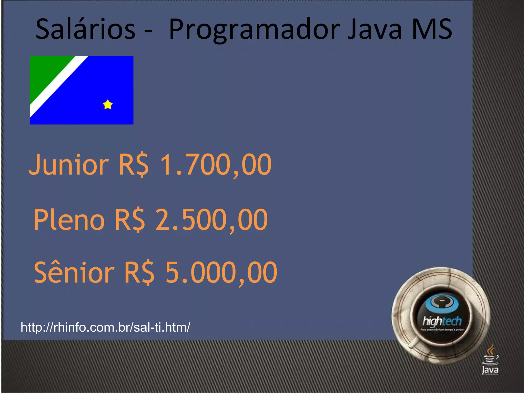Salários -  Programador Java MS http://rhinfo.com.br/sal-ti.htm/ Junior R$ 1.700,00 Pleno R$ 2.500,00 Sênior R$ 5.000,00 