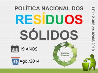 POLÍTICA NACIONAL DOS
RESÍDUOS
SÓLIDOS
19 ANOS
LEI12.305de02/08/2010
Ago./2014
 
