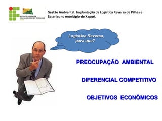 Gestão Ambiental: Implantação da Logística Reversa de Pilhas e
Baterias no município de Xapuri.
Logística Reversa,Logística Reversa,
para que?para que?
PREOCUPAÇÃO AMBIENTALPREOCUPAÇÃO AMBIENTAL
OBJETIVOS ECONÔMICOSOBJETIVOS ECONÔMICOS
DIFERENCIAL COMPETITIVODIFERENCIAL COMPETITIVO
 