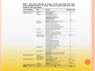 Table 1. Bee fauna collected on flowers of trees and shrubs from Mogi
Guaçu Biological Reverve, SP, Brazil. *Species or genera referred by other
studies as Citrus spp visitors.
Family/ Subfamily Tribe Species Frequency (%)
Apidae/Andreninae Oxaeini Oxaea flavescens 2
Apidae/Apinae Apini Apis melifera* 32
Meliponini Scaptotrigona postica 6
Paratrigona lineata 5
Tetragonisca angustula* 3
Trigona spinipes* 3
Plebeia sp1 and 2 1and 2
Bombini Bombus (Fervidobombus) morio* 2
Centridini Centris (Centris) varia 2
Centris (Trachina) fuscata 1
Epicharis (Triepicharis) analis 3
Epicharis (Epicharitides) cockerelli 3
Epicharis (Epicharana) flava 1
Eucerini Thygater (Thygater) analis 2
Thygater sp 2
Euglossini Euglossa (Euglossa) fimbriata 1
Eulaema (Apeulaema) nigrita 3
Exomalopsini Exomalopsis sp1 and 2 3 and 1
Tapinotaspidini Arhysoceble sp 2
Lophopedia pygmaea 1
Monoeca sp 1
Paratetrapedia lugubris 2
Paratetrapedia punctata 1
Paratetrapedia sp1 and 2 1
Tropidopedia arcuatilis 1
Tropidopedia nigrocarinata 1
Tetrapedini Tetrapedia peckoltii 3
Tetrapedia diversipes 3
Tetrapedia sp 1
Xylocopini Ceratina sp 1
Xylocopa (Neoxylocopa) suspecta* 4
Xylocopa (Neoxylocopa) frontalis* 3
Apidae/Colletinae Hylaeini Hylaeus sp 1
Diphaglossini Ptiloglossa sp 1
Paracolletini Hoplocolletes ventralis 6
Apidae/Halictinae Augochlorini Augochlora sp1and 2* 3 and 1
Augochloropsis sp 1, 2, 3, 4, 5 and 6* 3, 2, 2, 3, 1 and 2
Pseudaugochlora sp1and 2 1 and 1
Halictini Dialictus sp1, 2 and 3* 1, 1 and 3
Apidae/Megachilinae Anthidiini Anthodioctes megachiloides 1
TOTAL 5 17 52 100
 
