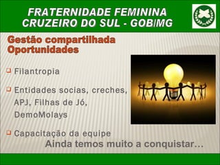 Filantropia Entidades socias, creches, APJ, Filhas de Jó, DemoMolays Capacitação da equipe Gestão compartilhada Oportunidades Ainda temos muito a conquistar… 