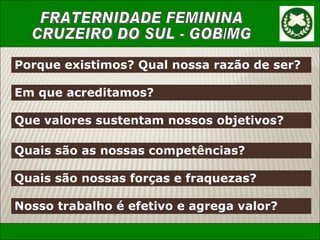 Nosso trabalho é efetivo e agrega valor? Quais são as nossas competências? Em que acreditamos? Quais são nossas forças e fraquezas? Que valores sustentam nossos objetivos? Porque existimos? Qual nossa razão de ser? 