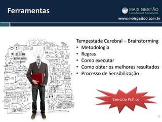 Ferramentas
                                www.maisgestao.com.br




              Tempestade Cerebral – Brainstorming
              • Metodologia
              • Regras
              • Como executar
              • Como obter os melhores resultados
              • Processo de Sensibilização



                             Exercício Prático



                                                   15
 
