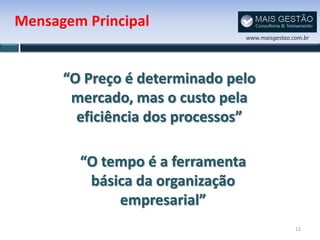 Mensagem Principal
                               www.maisgestao.com.br




      “O Preço é determinado pelo
       mercado, mas o custo pela
        eficiência dos processos”

        “O tempo é a ferramenta
         básica da organização
             empresarial”
                                               12
 