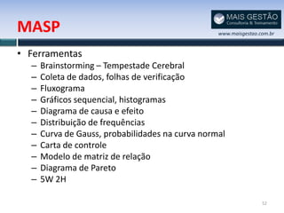 MASP                                              www.maisgestao.com.br


• Ferramentas
  –   Brainstorming – Tempestade Cerebral
  –   Coleta de dados, folhas de verificação
  –   Fluxograma
  –   Gráficos sequencial, histogramas
  –   Diagrama de causa e efeito
  –   Distribuição de frequências
  –   Curva de Gauss, probabilidades na curva normal
  –   Carta de controle
  –   Modelo de matriz de relação
  –   Diagrama de Pareto
  –   5W 2H

                                                                  52
 