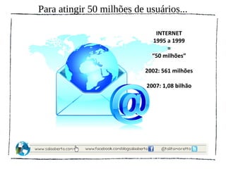 Para atingir 50 milhões de usuários...

                              INTERNET
                             1995 a 1999
                                  =
                             “50 milhões”

                           2002: 561 milhões

                           2007: 1,08 bilhão
 