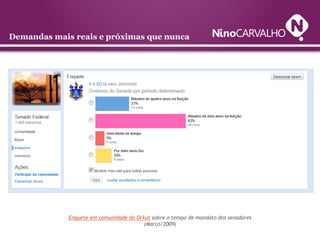 Demandas mais reais e próximas que nunca




             Enquete em comunidade do Orkut sobre o tempo de mandato dos senadores
                                         (Março/2009)
 