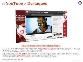 :: YouTube > Destaques




                            Conselho Nacional do Ministério Público
(+) O canal do CNMP apresenta vídeos com campanhas educativas estreladas por personalidades
de forte apelo popular, como atletas, por exemplo.
(-) Entretanto, não há padrão ao nomear os vídeos. Alguns deles estão sem título e legenda,
prática que pode confundir o usuário e dificultar o processo de busca.

Dados compilados em 26/02/2013.
                                                                                  ninocarvalho.com.br
 