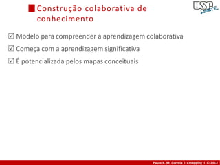 Construção colaborativa de
         conhecimento

 Modelo para compreender a aprendizagem colaborativa
 Começa com a aprendizagem significativa
 É potencializada pelos mapas conceituais




                                             Paulo R. M. Correia I Cmapping I © 2012
 