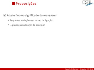 Proposições


 Ajuste fino no significado da mensagem
    Pequenas variações no termo de ligação…
    … grandes mudanças de sentido!




                                               Paulo R. M. Correia I Cmapping I © 2012
 