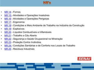 • NR 14 - Fornos
• NR 15 - Atividades e Operações Insalubres
• NR 16 - Atividades e Operações Perigosas
• NR 17 - Ergonomia
• NR 18 - Condições e Meio Ambiente de Trabalho na Indústria da Construção
• NR 19 - Explosivos
• NR 20 - Líquidos Combustíveis e Inflamáveis
• NR 21 - Trabalho a Céu Aberto
• NR 22 - Segurança e Saúde Ocupacional na Mineração
• NR 23 - Proteção Contra Incêndios
• NR 24 - Condições Sanitárias e de Conforto nos Locais de Trabalho
• NR 25 - Resíduos Industriais
 