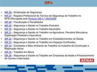 • NR 26 - Sinalização de Segurança
• NR 27 - Registro Profissional do Técnico de Segurança do Trabalho no
MTB (Revogada pela Portaria GM n.º 262/2008)
• NR 28 - Fiscalização e Penalidades
• NR 29 - Segurança e Saúde no Trabalho Portuário
• NR 30 - Segurança e Saúde no Trabalho Aquaviário
• NR 31 - Segurança e Saúde no Trabalho na Agricultura, Pecuária Silvicultura,
Exploração Florestal e Aquicultura
• NR 32 - Segurança e Saúde no Trabalho em Estabelecimentos de Saúde
• NR 33 - Segurança e Saúde no Trabalho em Espaços Confinados
• NR 34 - Condições e Meio Ambiente de Trabalho na Indústria da Construção e
Reparação Naval
• NR 35 - Trabalho em Altura
• NR 36 - Segurança e Saúde no Trabalho em Empresas de Abate e Processamento
de Carnes e Derivados
 