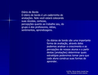 Diário de Bordo O diário de bordo é um caderninho de anotações. Nele você estará colocando suas dúvidas, certezas, percepções quanto ao trabalho seu, do grupo e dos professores, idéias, sentimentos, aprendizagens. Os diários de bordo são uma importante forma de avaliação, através deles podemos analisar o crescimento e as percepções de nossos alunos e a partir destas (anotações) determinar quais estratégias poderemos tomar para que cada aluno construa suas formas de aprender. 