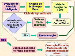 Não Sim Ciclo de Aprendizado Evolução do Princípio Inteligente Criação do Espírito por Deus Vida de Relação na Terra Morte do Corpo Físico Volta ao Plano espiritual Necessita novo Ciclo de Aprendizado na Matéria? Continua Evolução no Plano Espiritual Construção Eterna do Conhecimento e da Felicidade auxiliando a Deus Reencarnação 