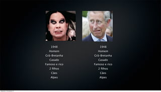 2 ﬁlhos
Cães
Alpes
1948 1948
Homem Homem
Grã-Bretanha Grã-Bretanha
Casado Casado
Famoso e rico Famoso e rico
2 ﬁlhos
Cães
Alpes
sexta-feira, 31 de maio de 13
 