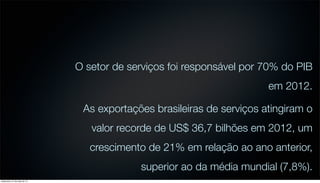 O setor de serviços foi responsável por 70% do PIB
em 2012.
As exportações brasileiras de serviços atingiram o
valor recorde de US$ 36,7 bilhões em 2012, um
crescimento de 21% em relação ao ano anterior,
superior ao da média mundial (7,8%).
sexta-feira, 31 de maio de 13
 