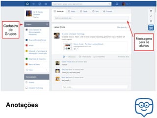 Cadastro
de
Grupos
Mensagens
para os
alunos

Anotações

 