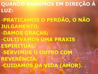 QUANDO ANDAMOS EM DIREÇÃO Á LUZ: PRATICAMOS O PERDÃO, O NÃO JULGAMENTO; DAMOS GRAÇAS; CULTIVAMOS UMA PRAXIS ESPIRITUAL; SERVIMOS O OUTRO COM REVERÊNCIA; CUIDAMOS DA VIDA (AMOR). 