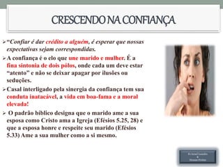 CRESCENDONACONFIANÇA
“Confiar é dar crédito a alguém, é esperar que nossas
expectativas sejam correspondidas.
A confiança é o elo que une marido e mulher. É a
fina sintonia de dois pólos, onde cada um deve estar
“atento” e não se deixar apagar por ilusões ou
seduções.
Casal interligado pela sinergia da confiança tem sua
conduta inatacável, a vida em boa-fama e a moral
elevada!
 O padrão bíblico designa que o marido ame a sua
esposa como Cristo ama a Igreja (Efésios 5.25, 28) e
que a esposa honre e respeite seu marido (Efésios
5.33) Ame a sua mulher como a si mesmo.
Ev.Israel Leandro
&
Hozane Freitas
 