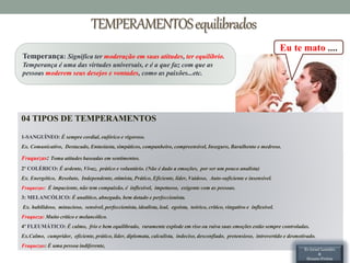 TEMPERAMENTOSequilibrados
Eu te mato ....
Temperança: Significa ter moderação em suas atitudes, ter equilíbrio.
Temperança é uma das virtudes universais, e é a que faz com que as
pessoas moderem seus desejos e vontades, como as paixões...etc.
04 TIPOS DE TEMPERAMENTOS
1-SANGUÍNEO: É sempre cordial, eufórico e vigoroso.
Ex. Comunicativo, Destacado, Entusiasta, simpáticos, companheiro, compreensível, Inseguro, Barulhento e medroso.
Fraquezas: Toma atitudes baseadas em sentimentos.
2º COLÉRICO: É ardente, Vivaz, prático e voluntário. (Não é dado a emoções, por ser um pouco analista)
Ex. Energético, Resoluto, Independente, otimista, Prático, Eficiente, líder, Vaidoso, Auto-suficiente e insensível.
Fraquezas: É impaciente, não tem compaixão, é inflexível, impetuoso, exigente com as pessoas.
3: MELANCÓLICO: É analítico, abnegado, bem dotado e perfeccionista.
Ex. habilidoso, minucioso, sensível, perfeccionista, idealista, leal, egoísta, teórico, crítico, vingativo e inflexível.
Fraqueza: Muito crítico e melancólico.
4º FLEUMÁTICO: É calmo, frio e bem equilibrado, raramente explode em riso ou raiva suas emoções estão sempre controladas.
Ex.Calmo, cumpridor, eficiente, prático, líder, diplomata, calculista, indeciso, desconfiado, pretensioso, introvertido e desmotivado.
Fraquezas: É uma pessoa indiferente,
Ev.Israel Leandro
&
Hozane Freitas
 