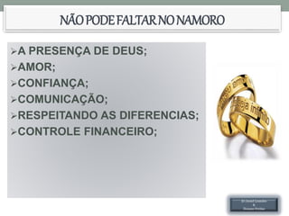 NÃOPODEFALTARNONAMORO
A PRESENÇA DE DEUS;
AMOR;
CONFIANÇA;
COMUNICAÇÃO;
RESPEITANDO AS DIFERENCIAS;
CONTROLE FINANCEIRO;
Ev.Israel Leandro
&
Hozane Freitas
 